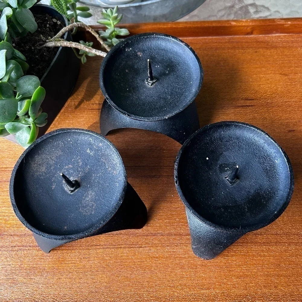 Mid Century Black Cast Iron Tripod Candle Holders Set of 3
